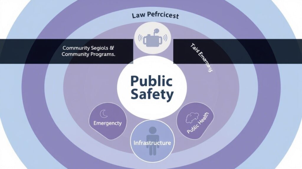 Infographic depicting a layered approach to public safety, showing concentric circles representing different elements like law enforcement, emergency services, community programs, infrastructure, and public health, all contributing to overall public safety at the center.