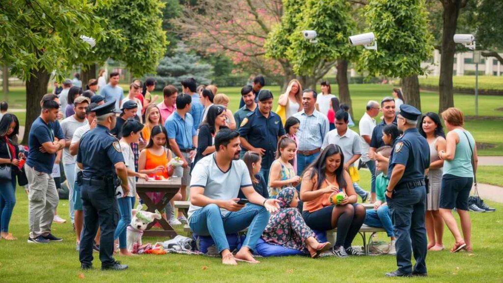 Image of a diverse and vibrant community with people interacting happily in a park, with subtle symbols of safety and security in the background, illustrating the positive impact of public safety on community life.