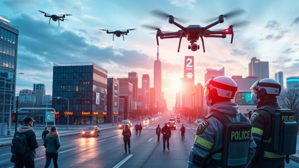 Futuristic image depicting a smart city with integrated public safety technologies, drones, data analysis dashboards, and community members interacting with public safety personnel, representing the future of public safety.