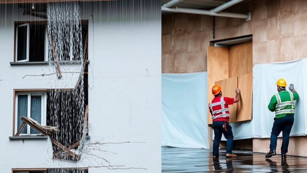 Damaged building before and after emergency board-up, highlighting the prevention of further water damage.