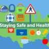 Health and Safety Guide for the USA: Collage of safety and wellness icons with a US map background