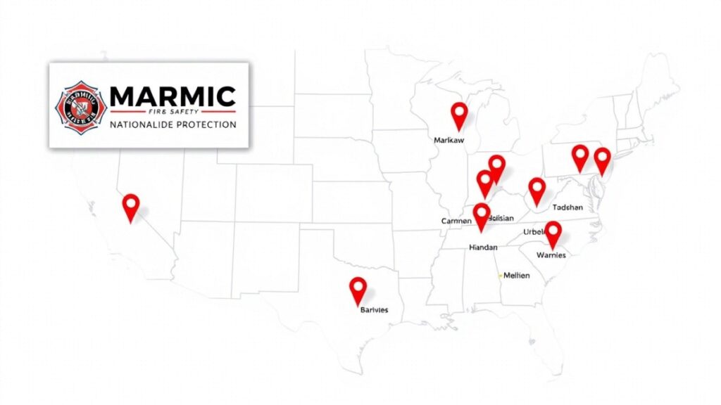 Map showing Marmic Fire and Safety locations across the U.S., including Fort Myers, Charlotte NC, Springfield MO, and Richmond VA, for comprehensive fire safety solutions.