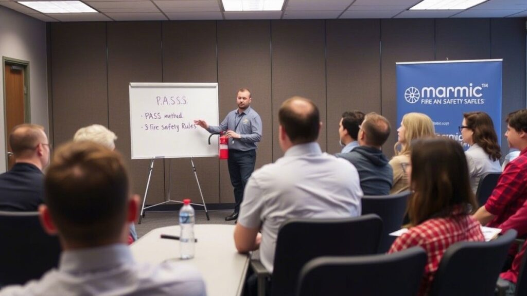 Marmic Fire and Safety training session teaching employees the P.A.S.S. method and 3 fire safety rules for workplace preparedness.