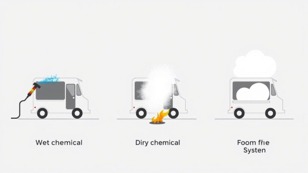 Illustration comparing wet chemical, dry chemical, and foam fire suppression systems in food truck kitchens, showcasing different agents for fire safety.