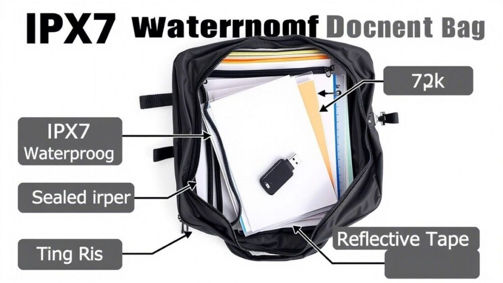 Waterproof emergency document bag with labeled features like IPX7 rating and sealed zipper, showcasing organized interior with folders.