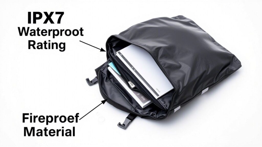 Split-screen comparison of a waterproof emergency document bag in water and a fireproof bag in flames, showcasing their protective features.