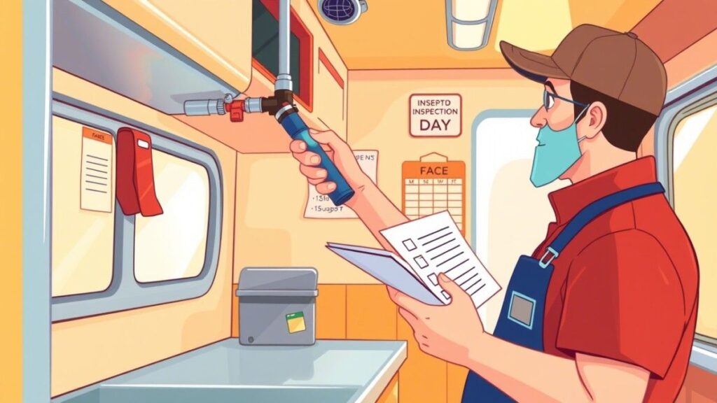 Food truck owner inspecting a fire suppression system nozzle with a flashlight, performing monthly maintenance for mobile kitchen fire safety.