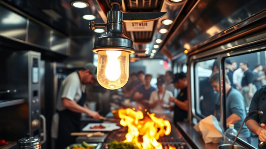 Inside a food truck kitchen with a chef cooking on a flaming grill, a fire suppression system nozzle mounted above ensures food truck fire safety.
