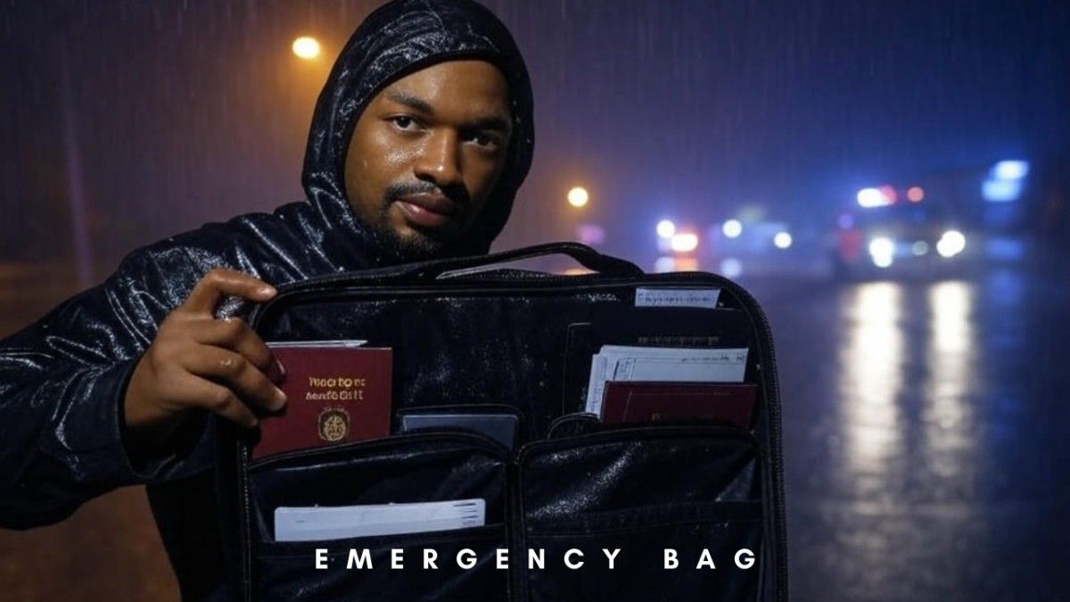 Waterproof emergency document bag with labeled features like IPX7 rating and sealed zipper, showcasing organized interior with folders.