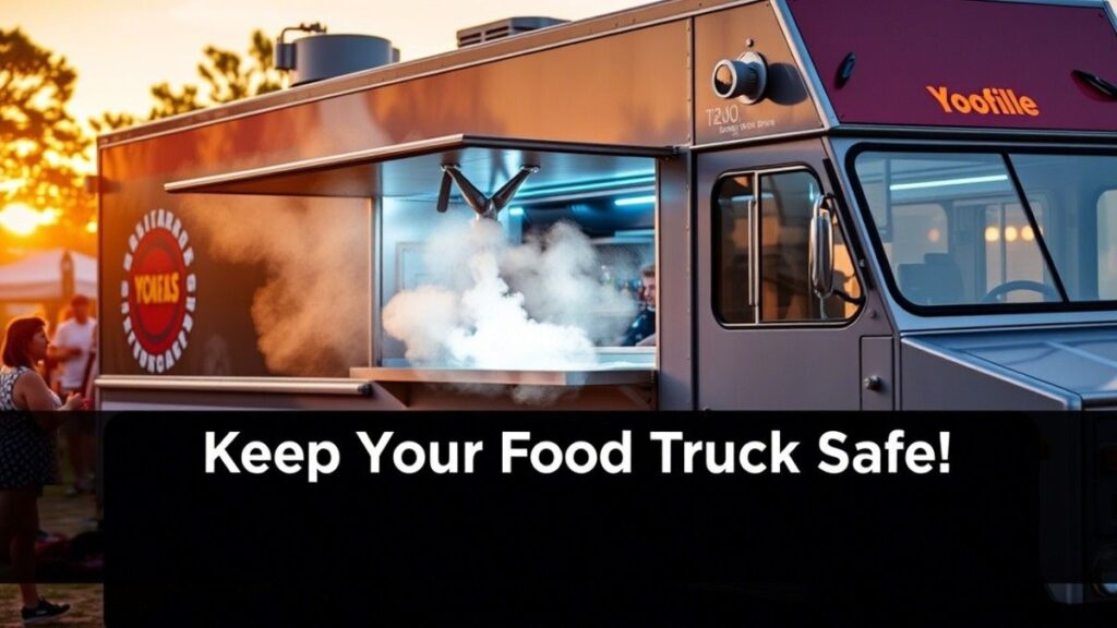 Vibrant illustration of a food truck at a festival with a fire suppression system extinguishing stylized flames, featuring text overlay 'Keep Your Food Truck Safe!