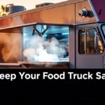 Vibrant illustration of a food truck at a festival with a fire suppression system extinguishing stylized flames, featuring text overlay 'Keep Your Food Truck Safe!