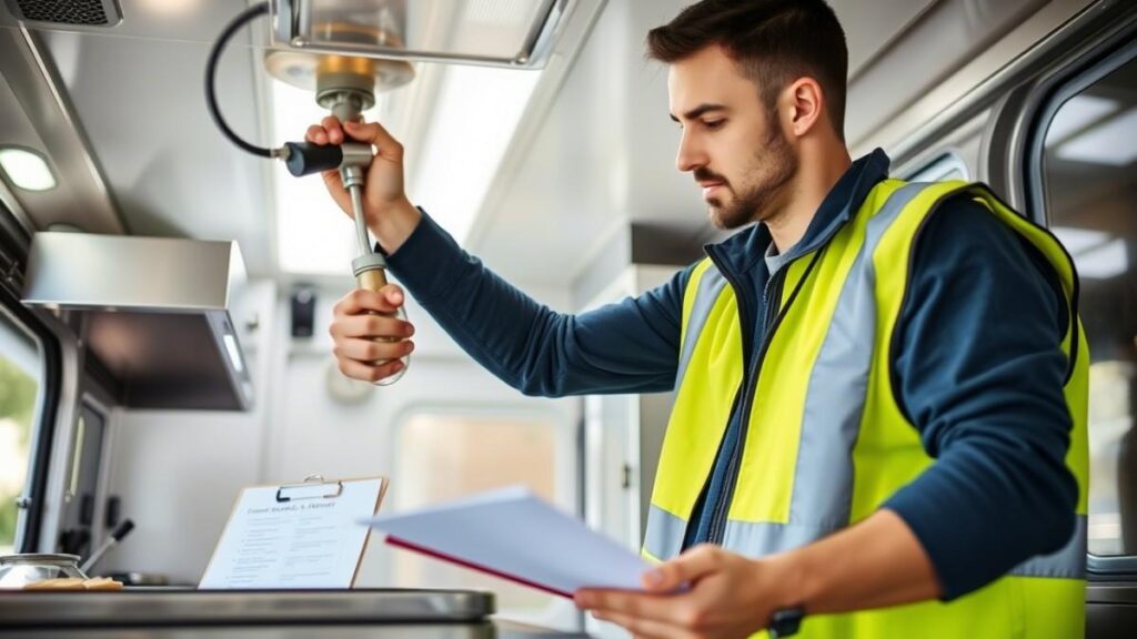 Licensed technician installing a fire suppression system in a food truck, adjusting a nozzle to ensure NFPA-compliant food truck fire safety.