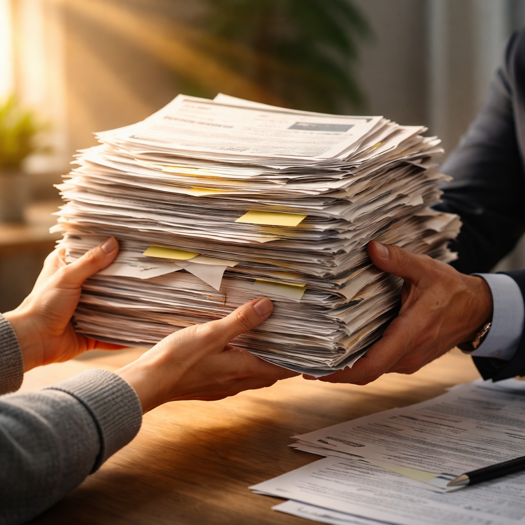 A person's hands passing a stack of stressful accident paperwork to the steady hands of their attorney.