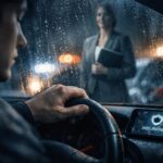 A driver sits in shock after a car accident, the rain-streaked window reflecting the ghostly image of a protective accident attorneys.