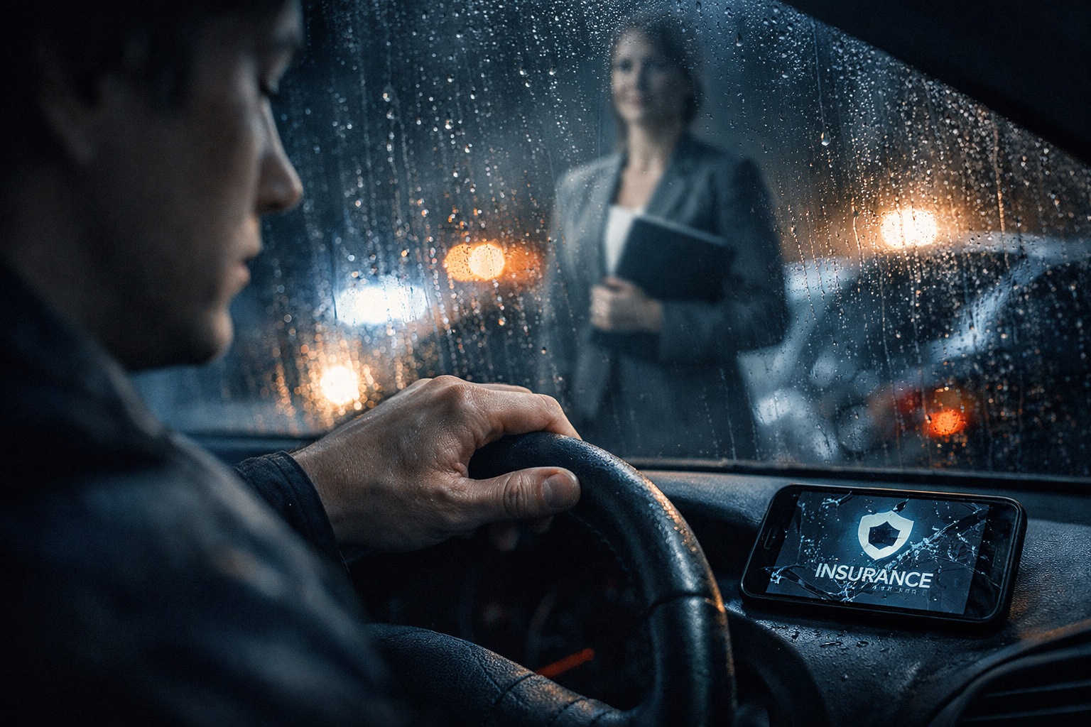 A driver sits in shock after a car accident, the rain-streaked window reflecting the ghostly image of a protective accident attorneys.